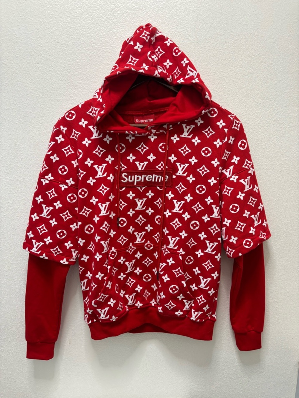Supreme Red and White Logo Monogram Hoodie Sweater